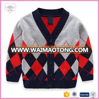 latest design wholesale factory price V neck argyle knitted cardigan sweater for kids